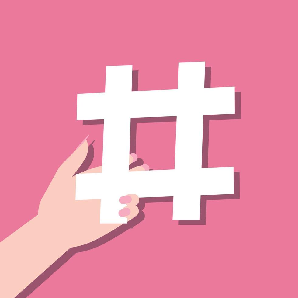 Cropped image of female hand holding big white hashtag, viral web content, internet promotion isolated on calm pink. Concept for trendy social media posts and blogging. Flat design vector illustration