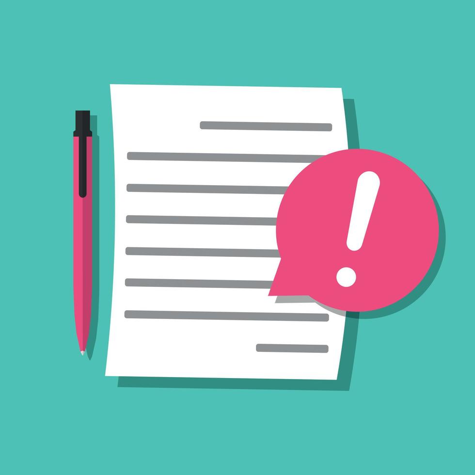 Document error warning. Text file and notification, flat design, exclamation mark on document vector