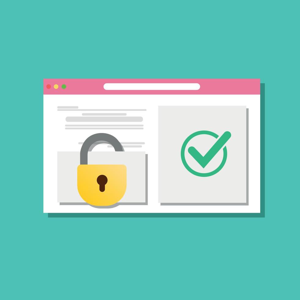 Secure access with a password in the web browser window, protected window and unprotected window. Padlock and tick as website login, digital privacy Flat vector illustration