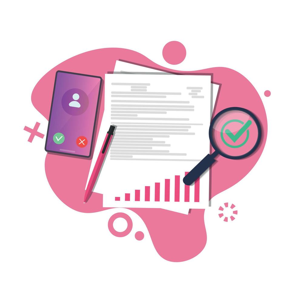 document with the verification data and the result of the analysis. Audit report study or financial risk access assessment, top view, document with audit data and analysis result. Auditor. Vector