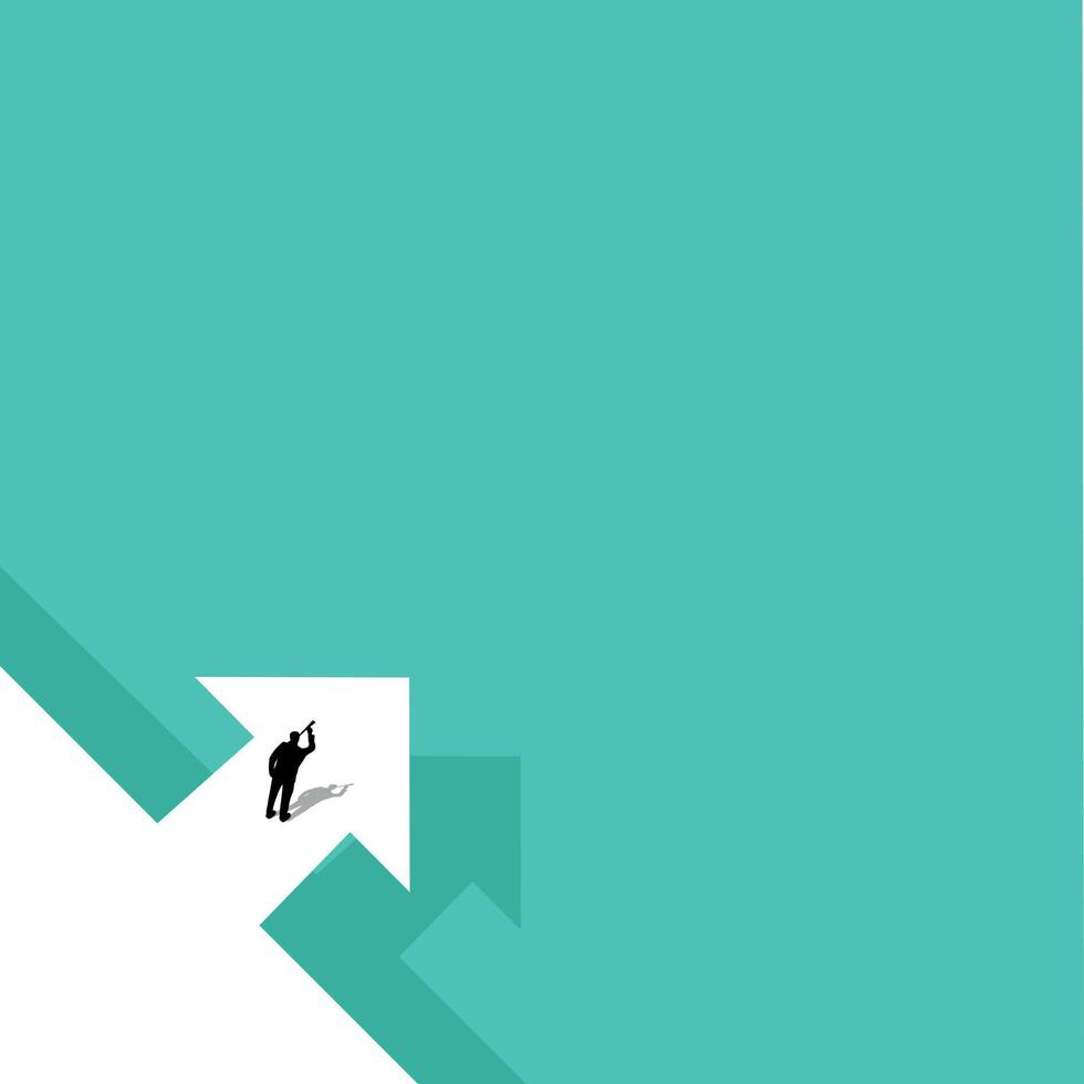 Business growth plan or strategy vector concept with upward arrow and businessman. Symbol of success and ambition. Motivated manager, leader walking toward goal