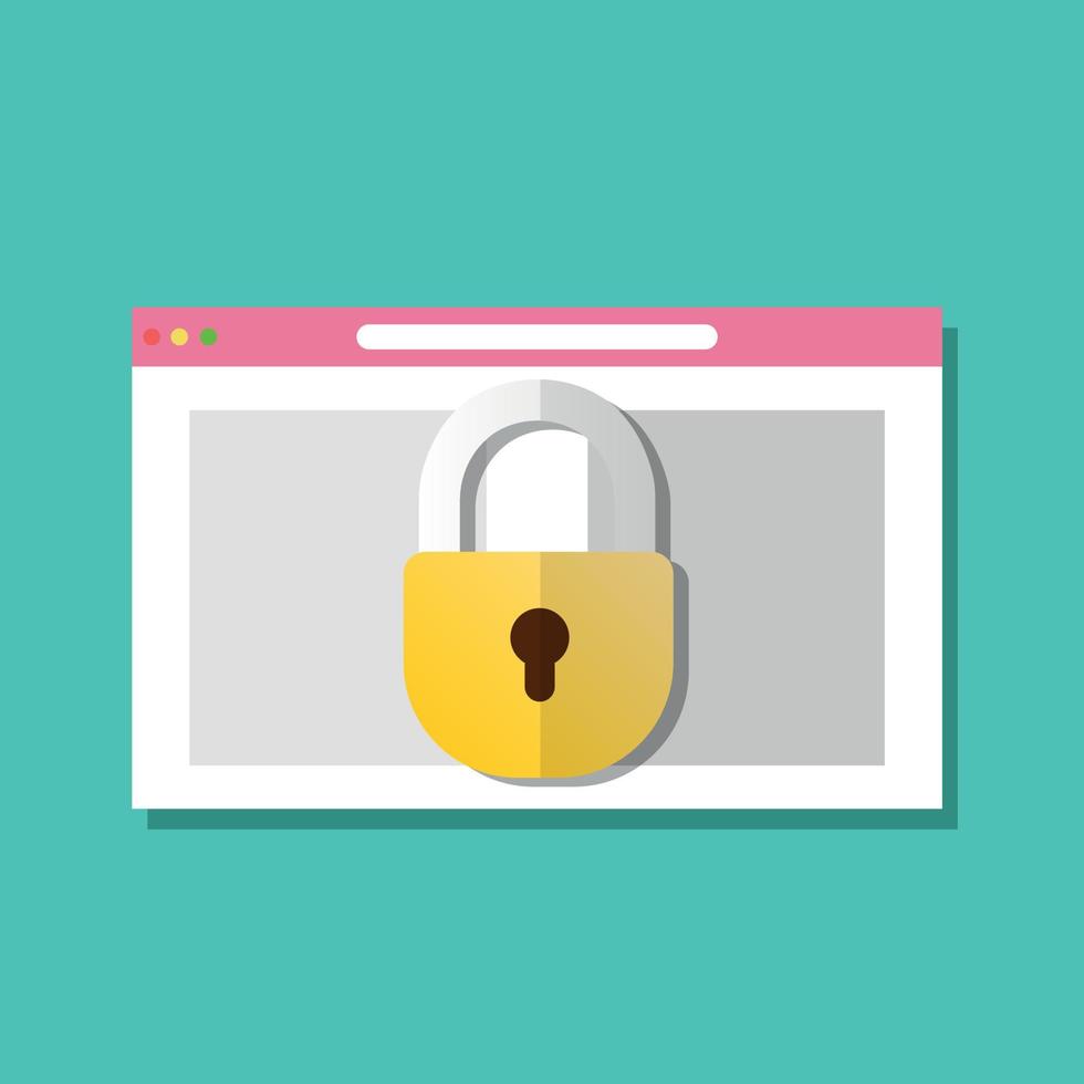 Internet data privacy policy, padlock on computer monitor screen, flat style, browser windows, private lock technology, security or authentication system, vector illustration