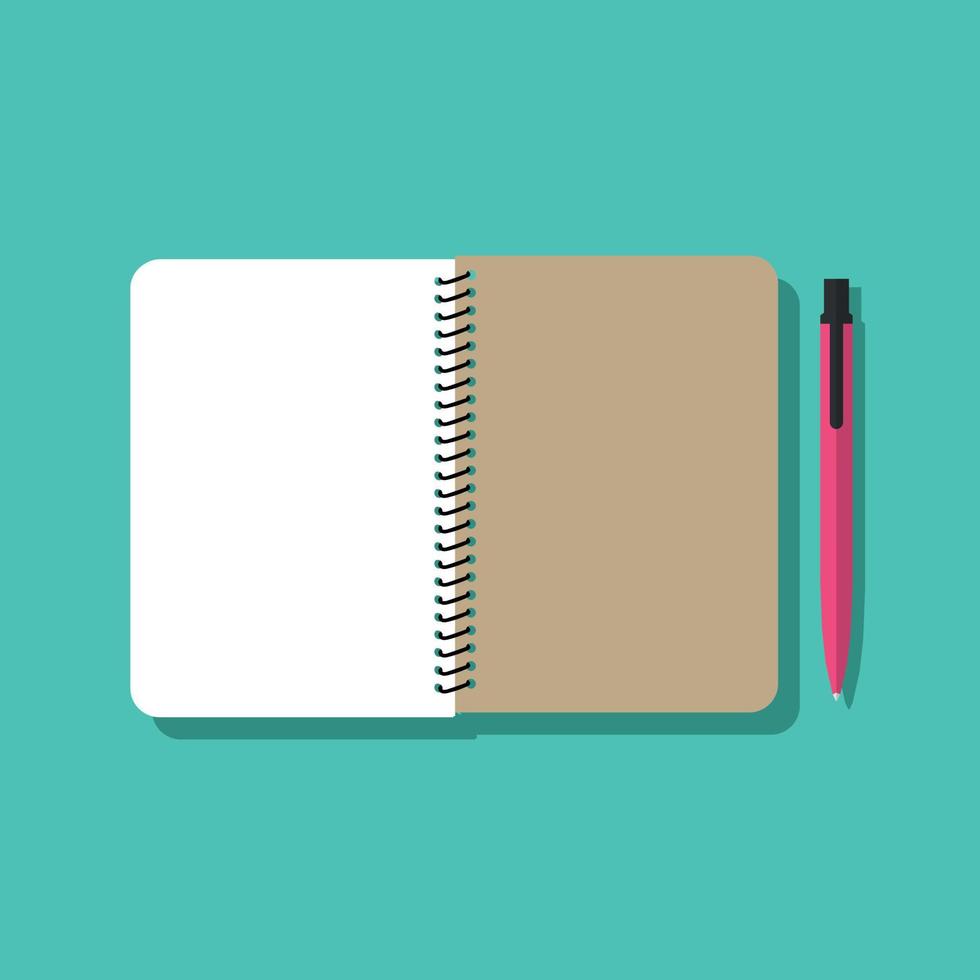 Open notepad and pen isolated on blue-green background. vector