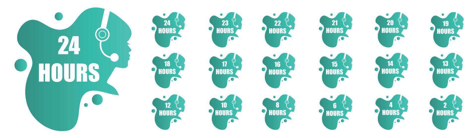 Set of stylish icons with girl face and lettering from 2 hours to 24. vector