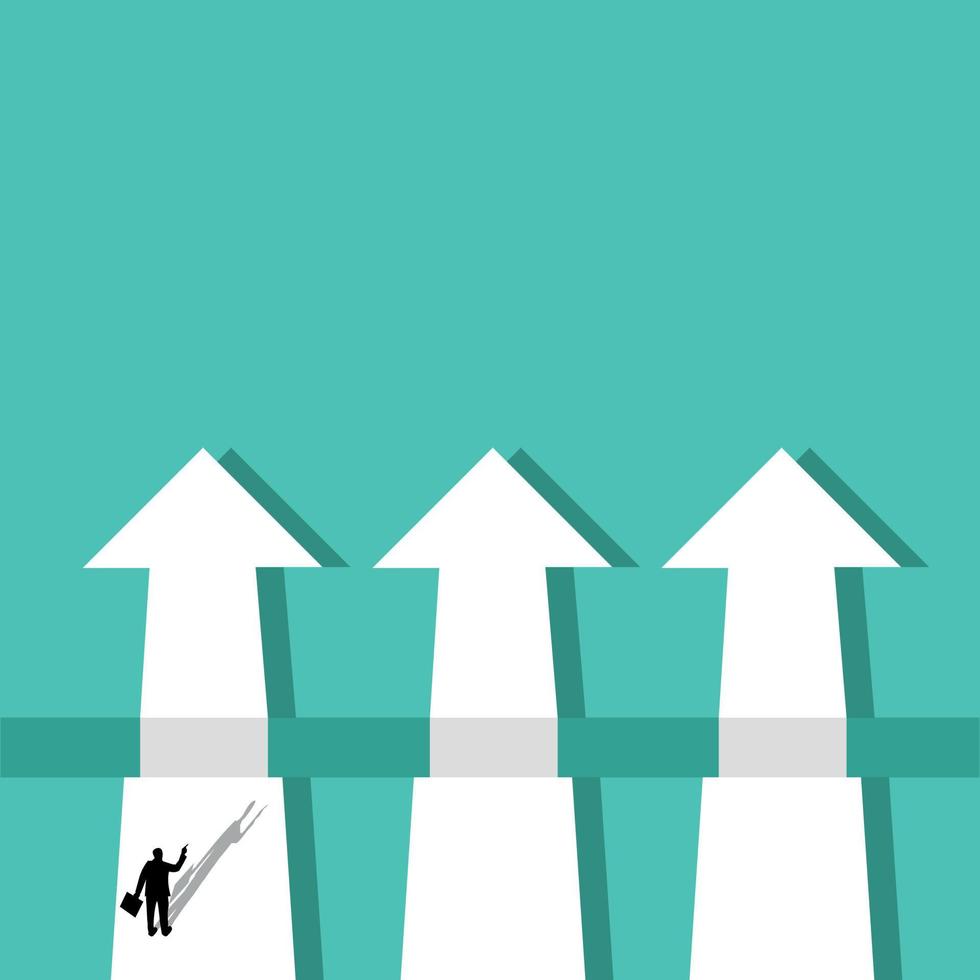 Business strategy, promotion, path choice, 3 direction arrows. Vector concept with businessman and arrows. Symbol of success, ambition, motivation and determination.