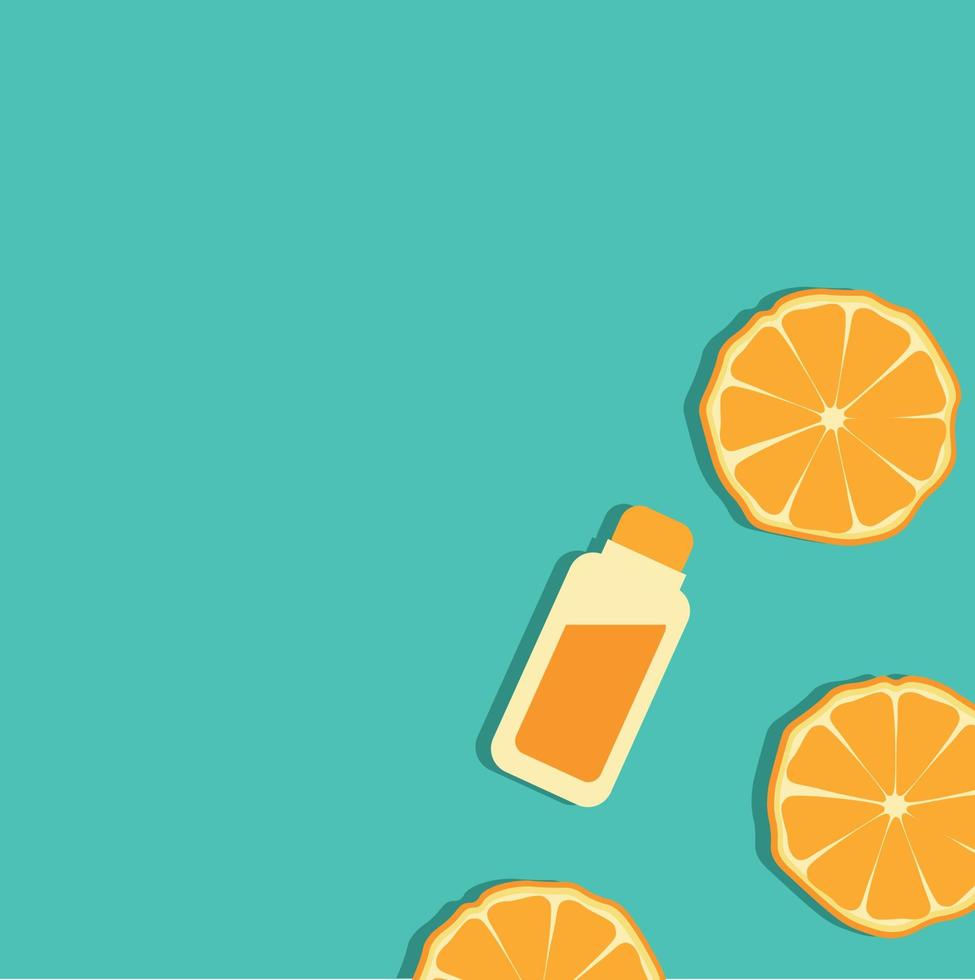 A bottle of citrus essential oil and fresh juicy orange fruits on a blue-green background. High dose synthetic vitamin C for skin. Flat design vector illustration, top view, copy space