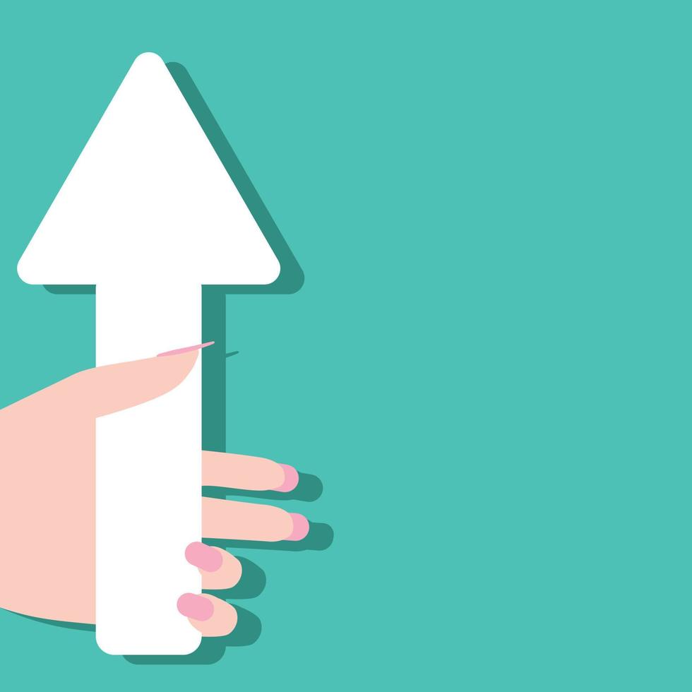 Close-up of a beautiful female hand holding a big white paper arrow up, isolated on a blue-green background, copy space for advertising. Advertising platform, layout vector