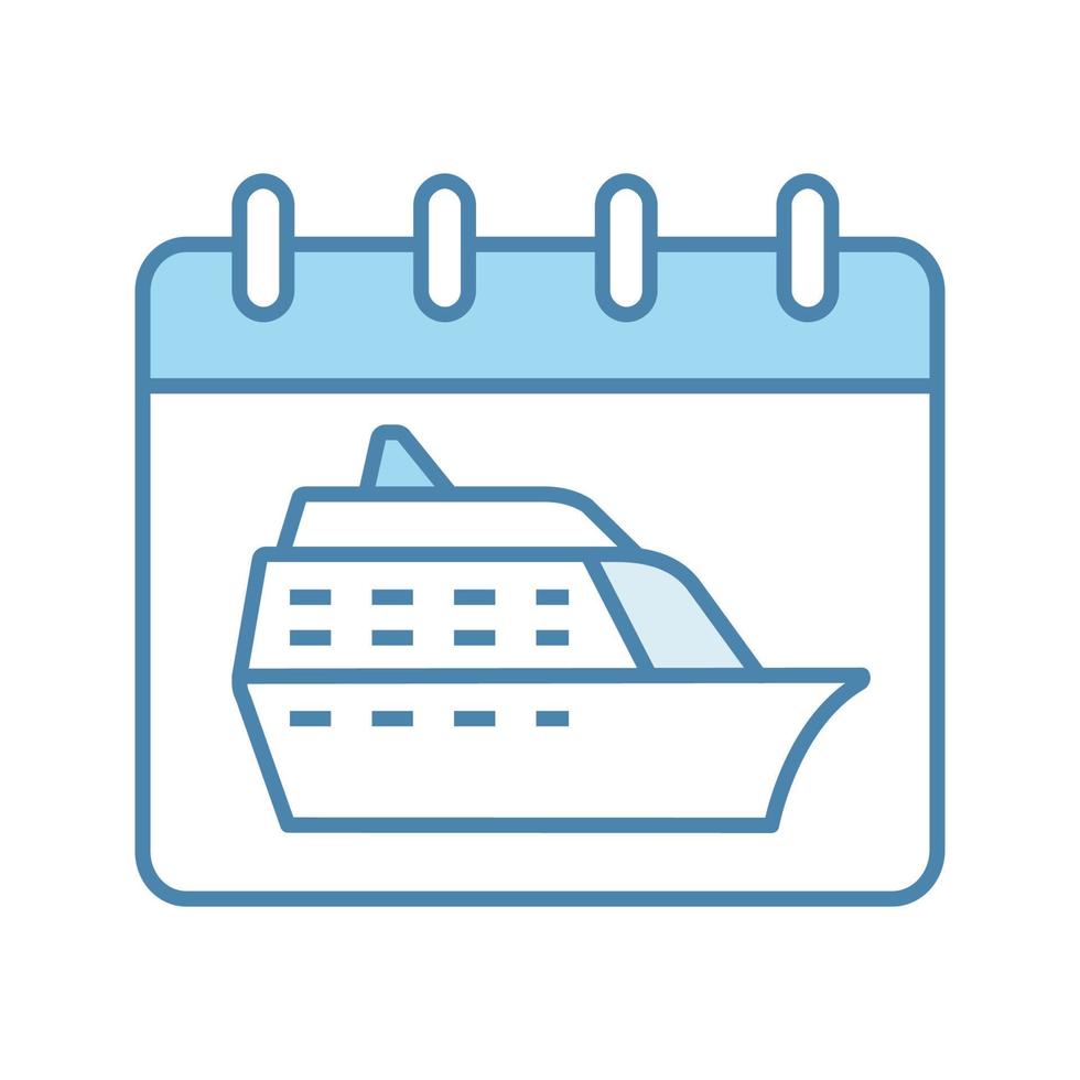 Cruise departure date color icon. Vacation cruise. Calendar page with ship. Summer travel, voyage schedule, timetable. Travel itinerary. Isolated vector illustration