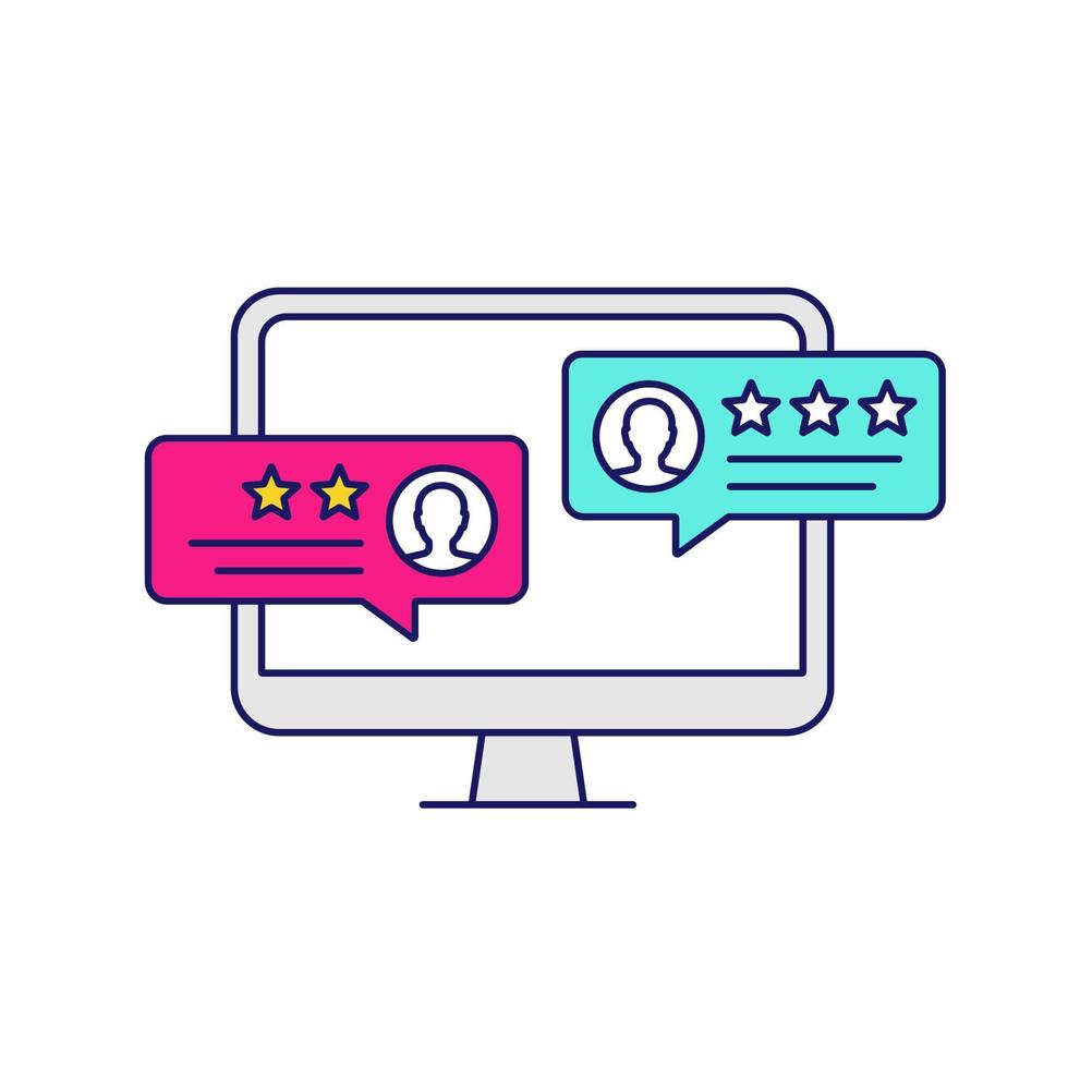 Customer reviews color icon. Positive feedback messages. Rating. Service satisfaction. Computer screen. Isolated vector illustration
