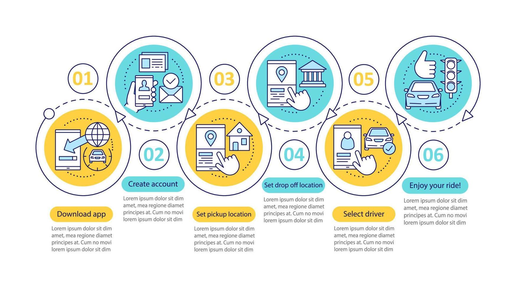 plantilla de infografía vectorial de aplicación móvil de uso compartido de vehículos. servicio de viajes compartidos. elementos de diseño de presentación de negocios. visualización de datos con seis pasos y opciones. gráfico de línea de tiempo del proceso. diseño de flujo de trabajo vector