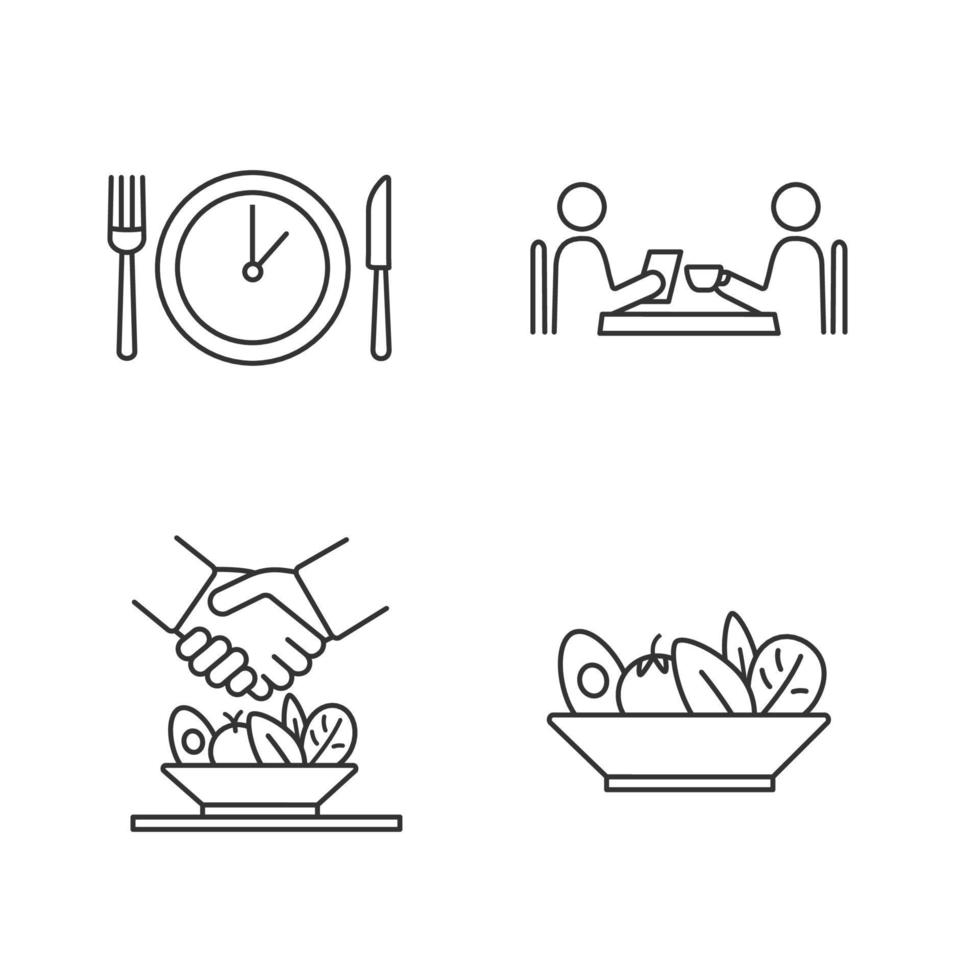 Business lunch linear icons set. Dinner break, cafe meeting, make deal over meal, salad. Thin line contour symbols. Isolated vector outline illustrations. Editable stroke