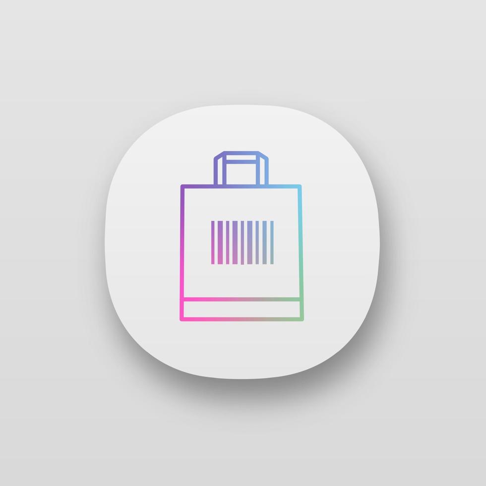 Shopping bag with barcode app icon. Retail. Merchandising. Using traditional barcodes. One dimensional code data identification. UI UX user interface. Mobile application. Vector isolated illustration