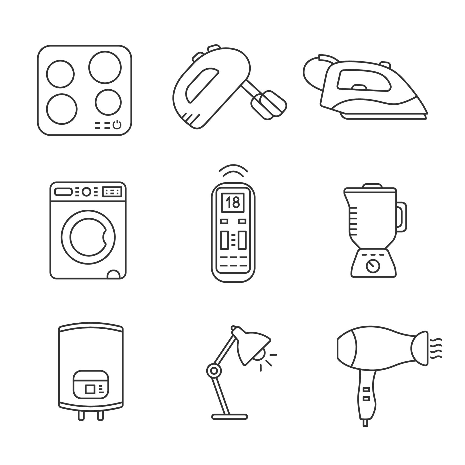 Household appliance linear icons set. Cooktop, mixer, steam iron, washing  machine, remote control, blender, water heater, table lamp, hair dryer.  Isolated vector outline illustrations. Editable stroke 6065029 Vector Art  at Vecteezy