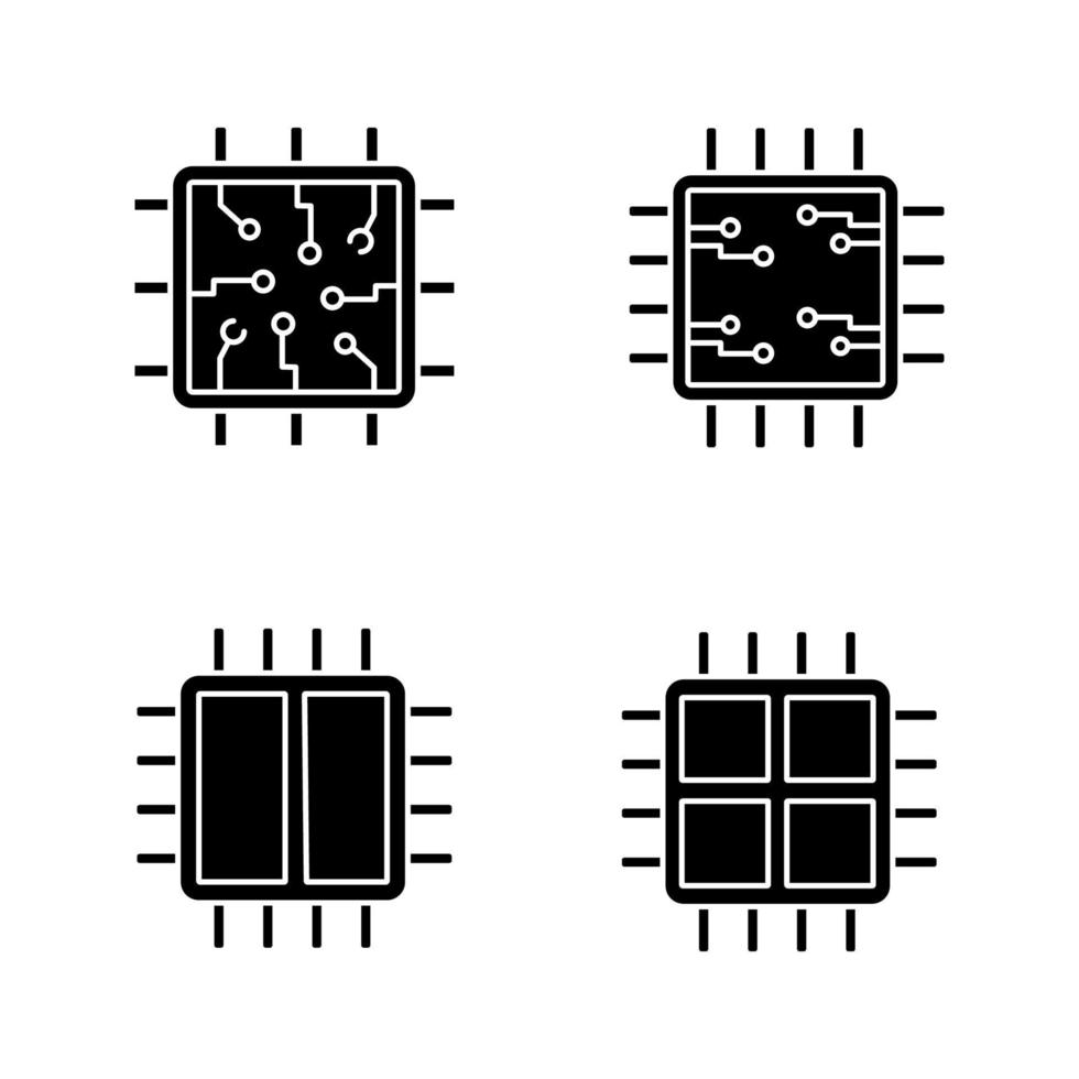 conjunto de iconos de glifo de procesadores. chip, microprocesador, unidad integrada, procesadores de dos y cuatro núcleos. símbolos de silueta. ilustración vectorial aislada vector