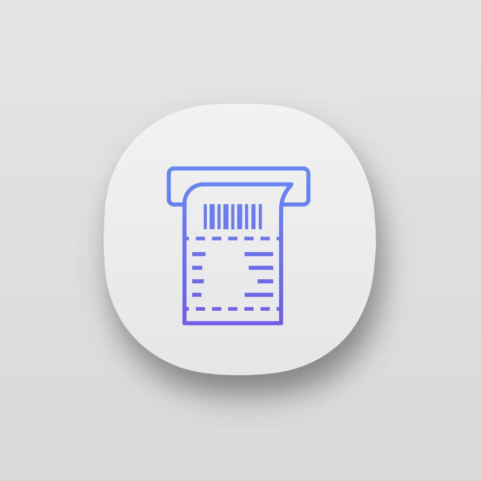 ATM receipt app icon. UI UX user interface. Payment terminal paper check. Bill. Sales receipt. Web or mobile application. Vector isolated illustration