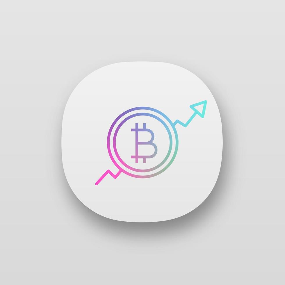 Bitcoin market growth chart app icon. UI UX user interface. Cryptocurrency prices rising. Statistics diagram with bitcoin sign. Web or mobile application. Vector isolated illustration