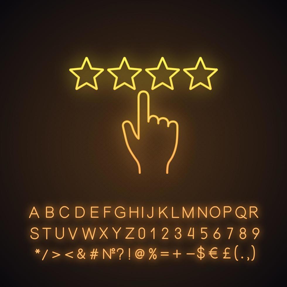 Customer feedback and rating neon light icon. Ranking. Client review. Rating scale click. Glowing sign with alphabet, numbers and symbols. Vector isolated illustration