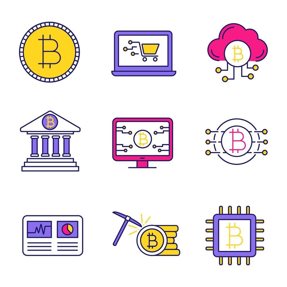 Bitcoin cryptocurrency color icons set. Coin, online shopping, cloud mining, banking, bitcoin webpage, hashrate, CPU mining, cryptocurrency. Isolated vector illustrations