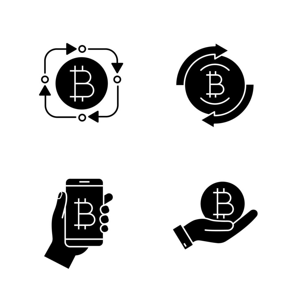 Bitcoin cryptocurrency glyph icons set. Fintech, bitcoin refund, digital wallet, coin in hand. Silhouette symbols. Vector isolated illustration