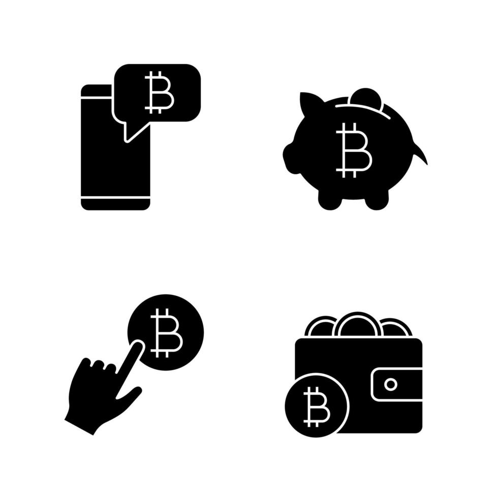 conjunto de iconos de glifo de criptomoneda bitcoin. chat de bitcoin, hucha, clic de pago de criptomoneda, billetera digital. símbolos de silueta. ilustración vectorial aislada vector