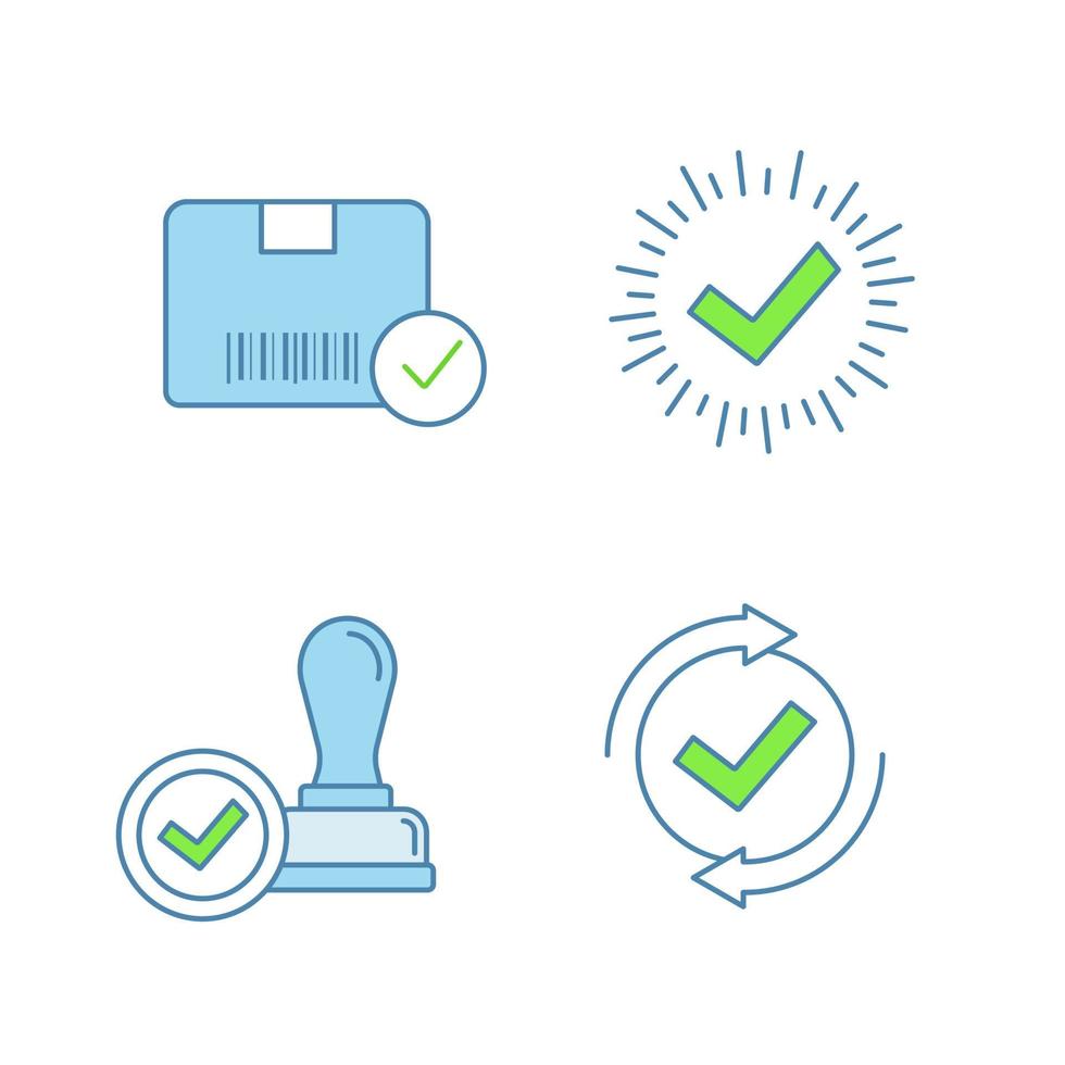 Approve color icons set. Verification and validation. Approved delivery, check mark, stamp of approval, checking process. Isolated vector illustrations