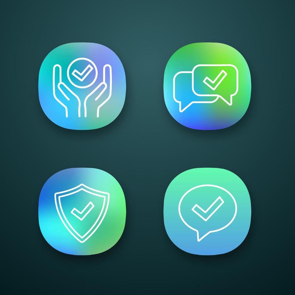 Approve app icons set. Verification and validation. Quality service, approved chat, confirmation dialog, shield with check mark. UI UX user interface. Vector isolated illustrations