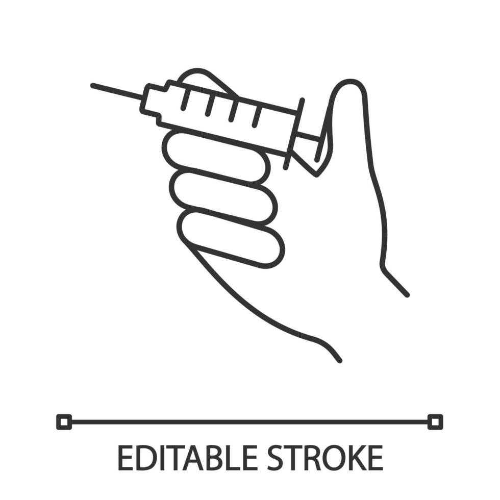 Injection linear icon. Hand holding syringe. Thin line illustration. Doctor's hand. Neurotoxin injection. Vaccination. Treatment. Contour symbol. Vector isolated outline drawing. Editable stroke