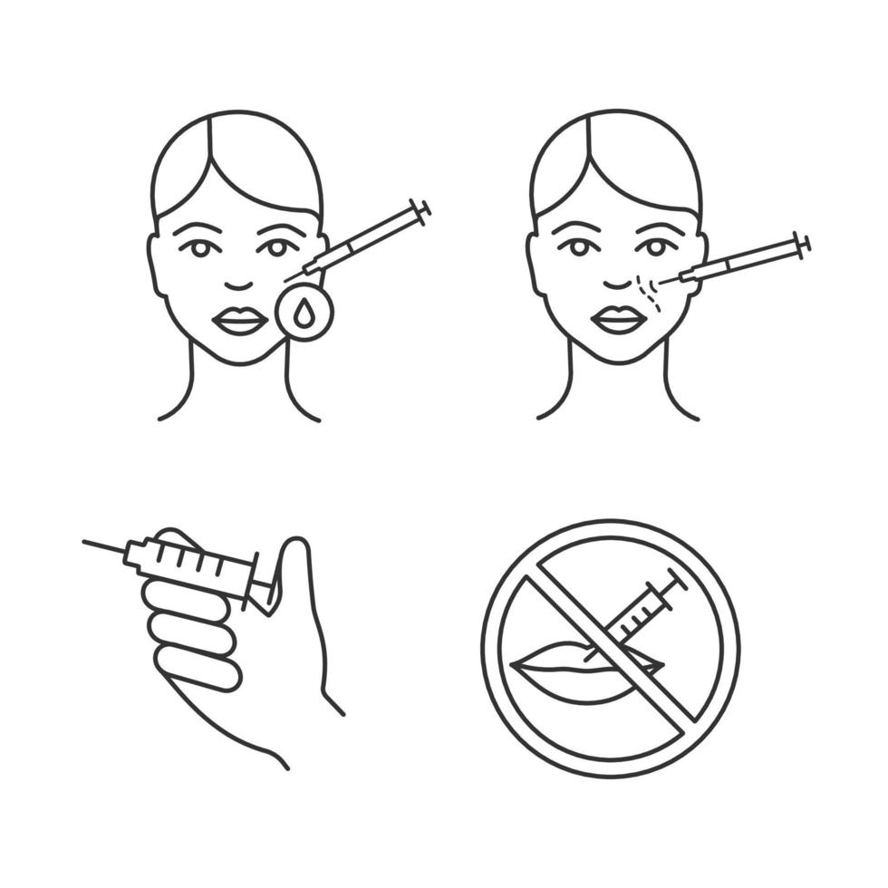 Neurotoxin injection linear icons set. Lips injection prohibition, area disinfection, nasolabial folds injecting. Thin line contour symbols. Isolated vector outline illustrations. Editable stroke