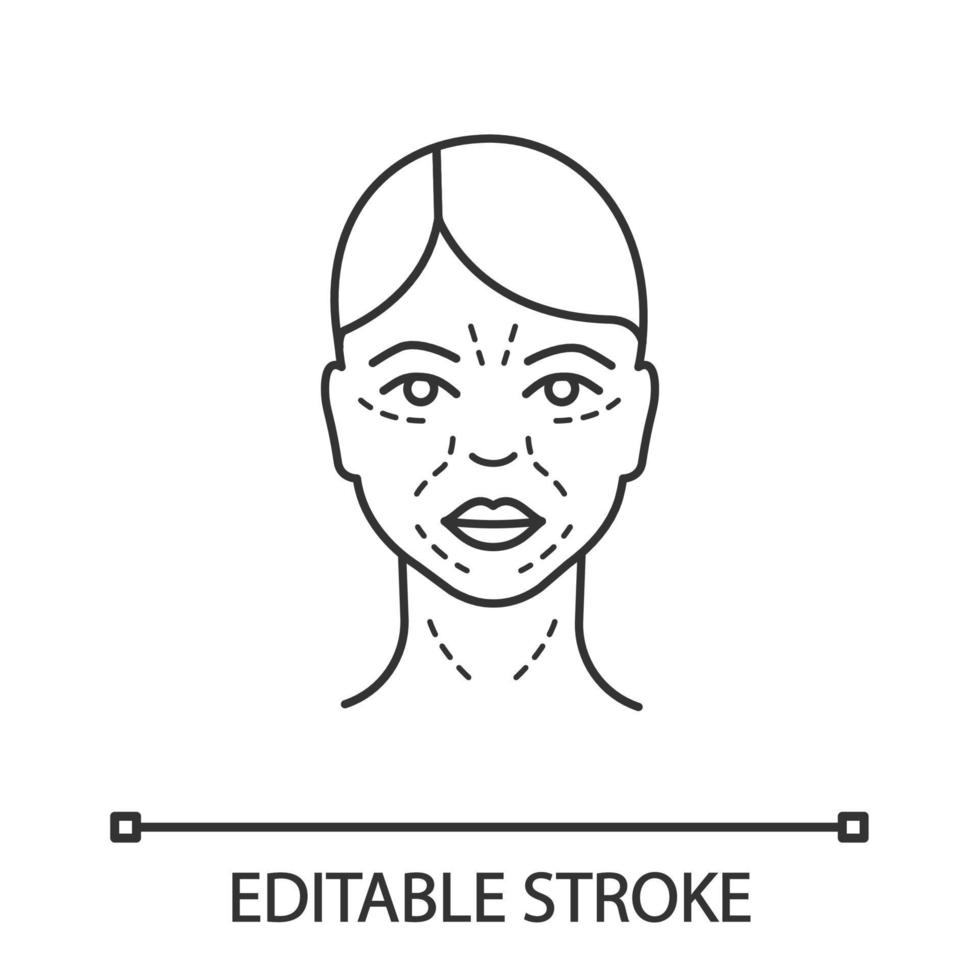 Mimic wrinkles linear icon. Facial skin after thirty. Thin line illustration. Face ageing. Facial markup for cosmetic procedure. Contour symbol. Vector isolated outline drawing. Editable stroke