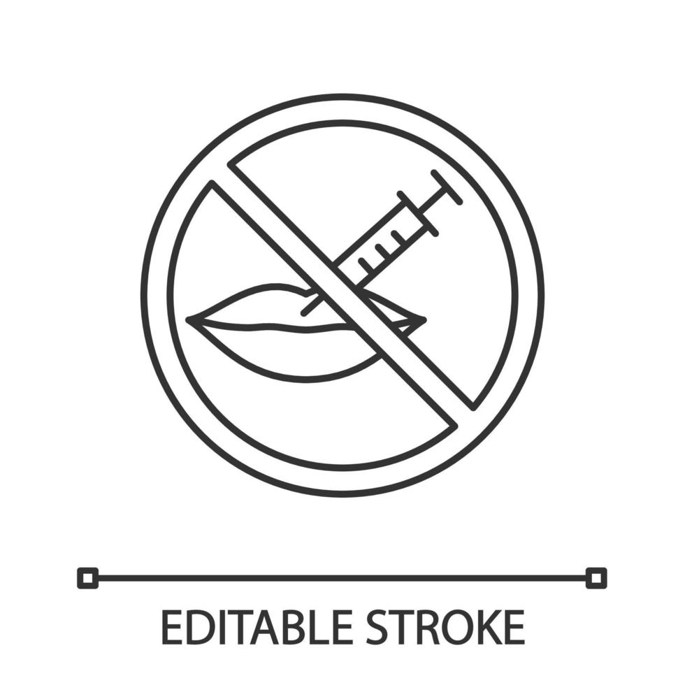 Neurotoxin lips injection prohibition linear icon. Stop lips augmentation. Thin line illustration. Injection inside forbidden sign contour symbol. Vector isolated outline drawing. Editable stroke