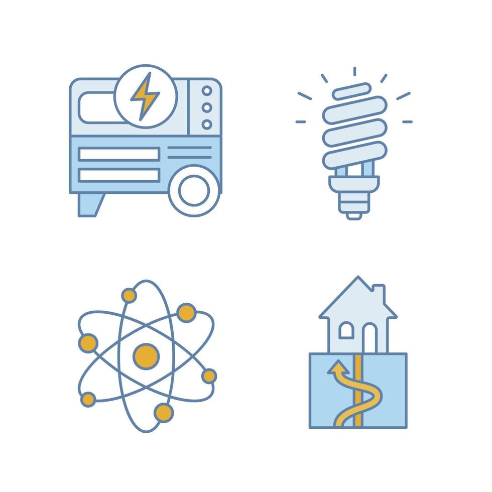 Electric energy color icons set. Portable power generator, compact fluorescent lamp, geothermal and nuclear energy. Isolated vector illustrations