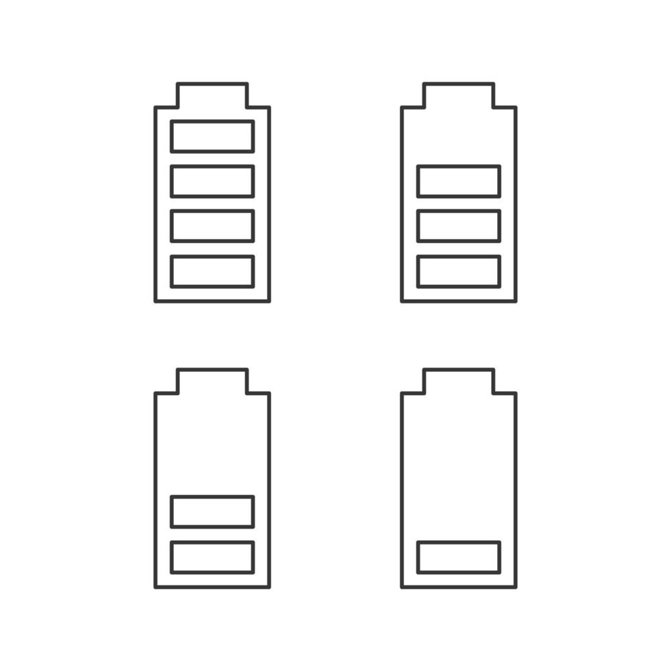 Battery charging linear icons set. Battery level indicators. Low, middle and high charge. Thin line contour symbols. Isolated vector outline illustrations. Editable stroke