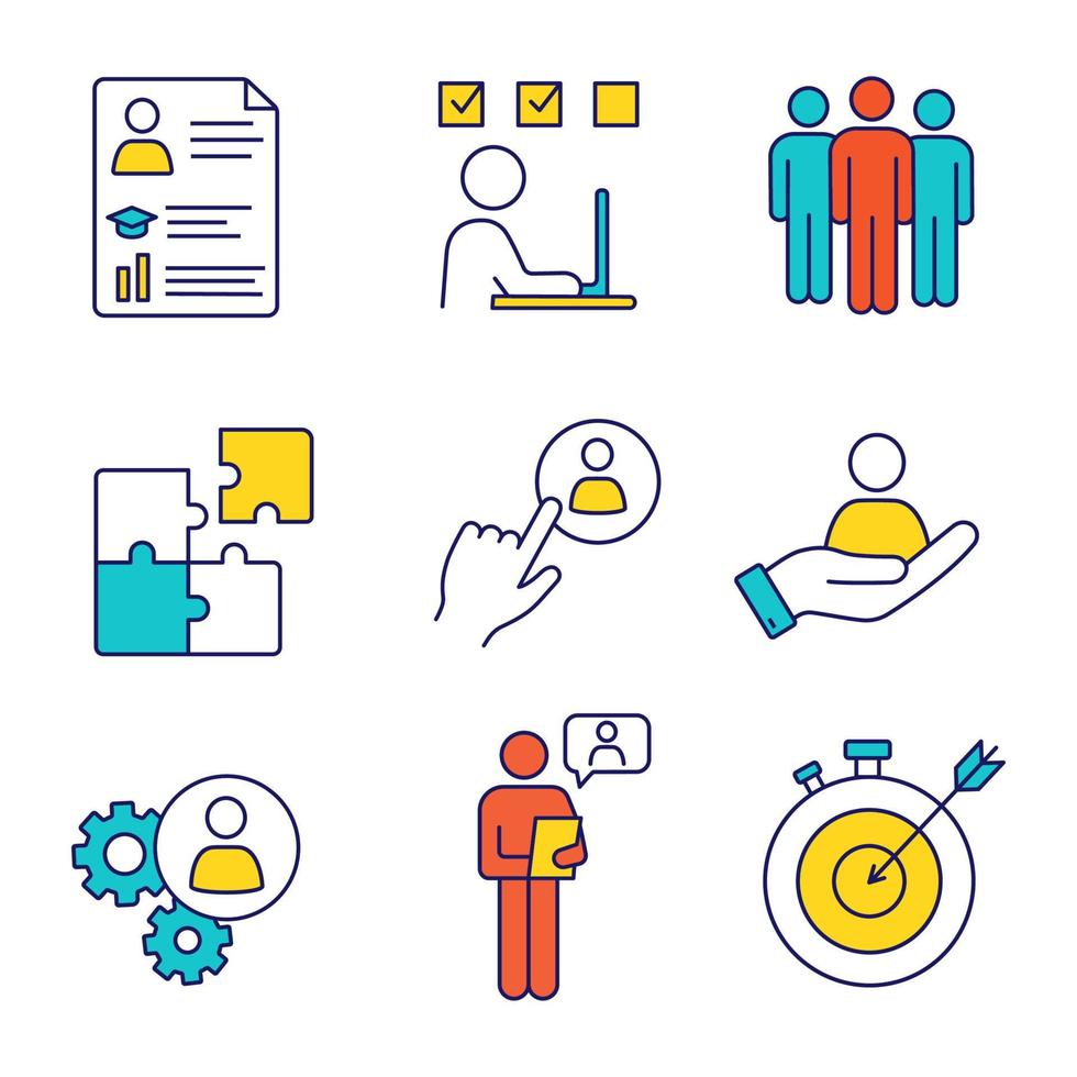 Business management color icons set. Resume, task solving, team, solution, staff hiring button, smart goal, online interview, teamwork, person in hand. Isolated vector illustrations