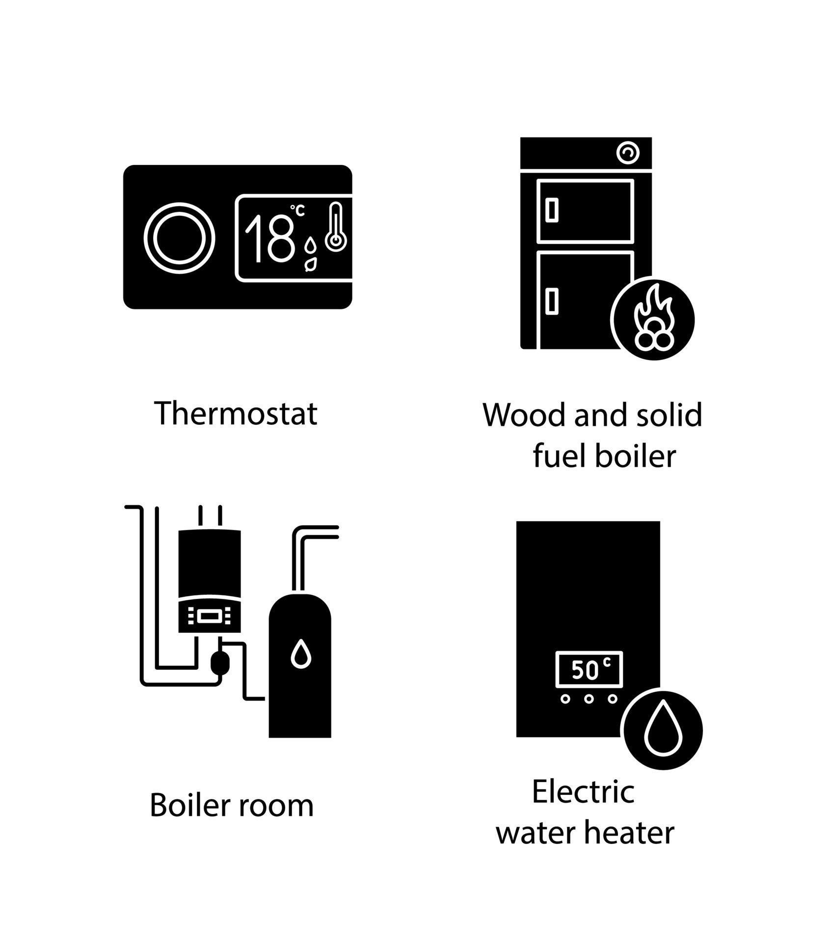 Heating glyph icons set. Digital thermostat, solid fuel boiler, boiler