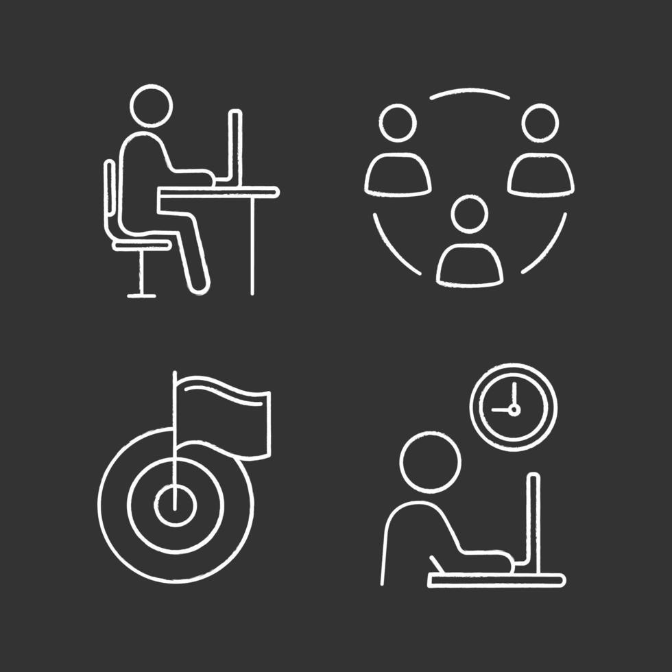 Business management chalk icons set. Remote job, teamwork, achievement, working hours. Isolated vector chalkboard illustrations