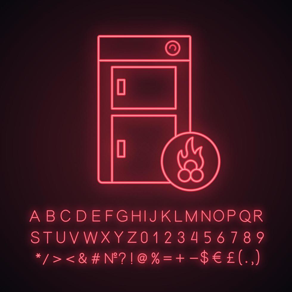 Solid fuel boiler neon light icon. House central heater. Firewood boiler. Heating system. Glowing sign with alphabet, numbers and symbols. Vector isolated illustration