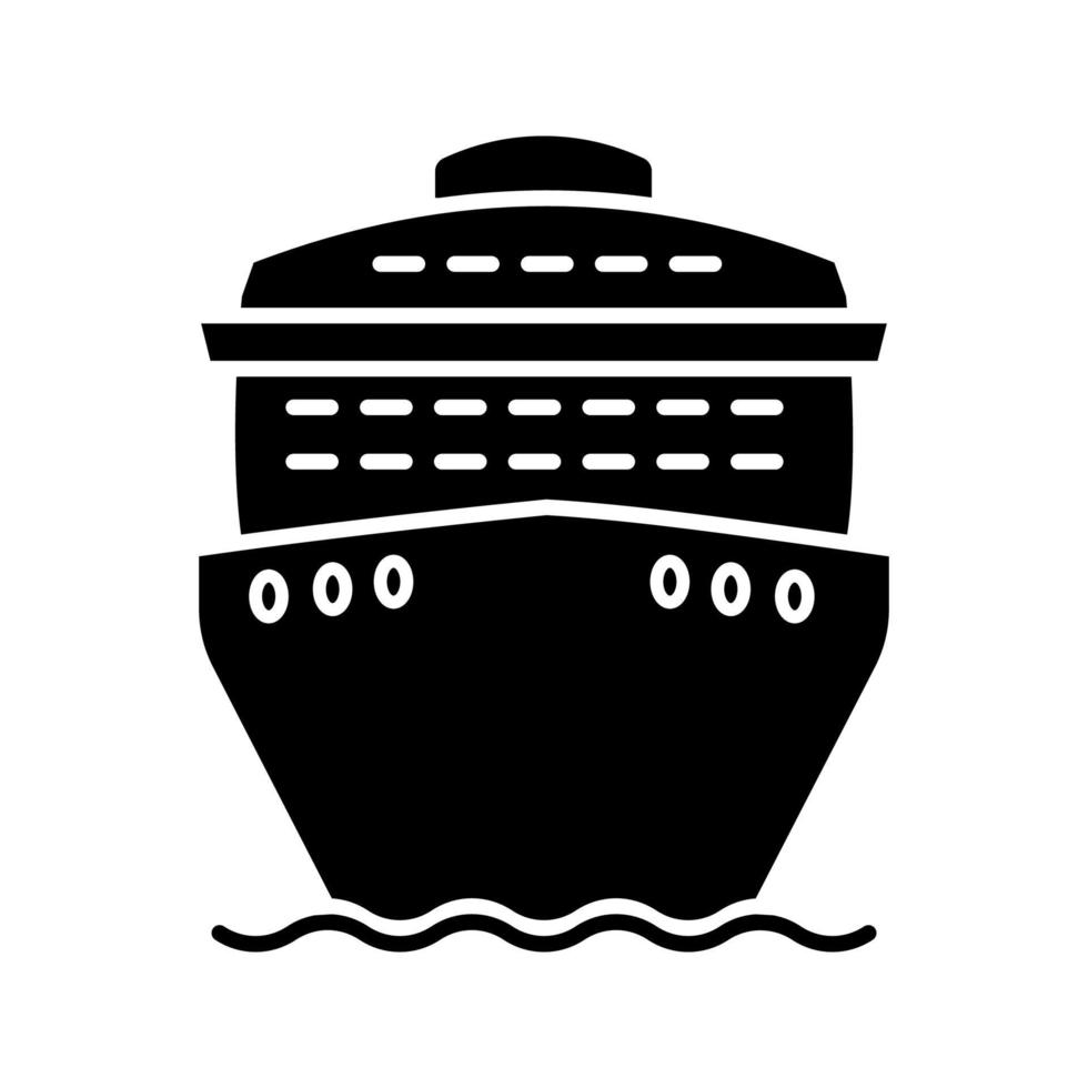 Cruise ship in front view glyph icon. Ocean liner. Boat, cruiseship, ferry. Water transport. Summer voyage. Silhouette symbol. Negative space. Vector isolated illustration