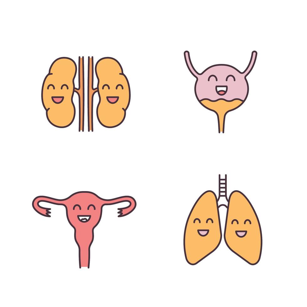 conjunto de iconos de color de órganos internos humanos sonrientes. riñones felices, vejiga urinaria, pulmones, útero. sistemas pulmonares, urinarios y reproductivos sanos. ilustraciones de vectores aislados