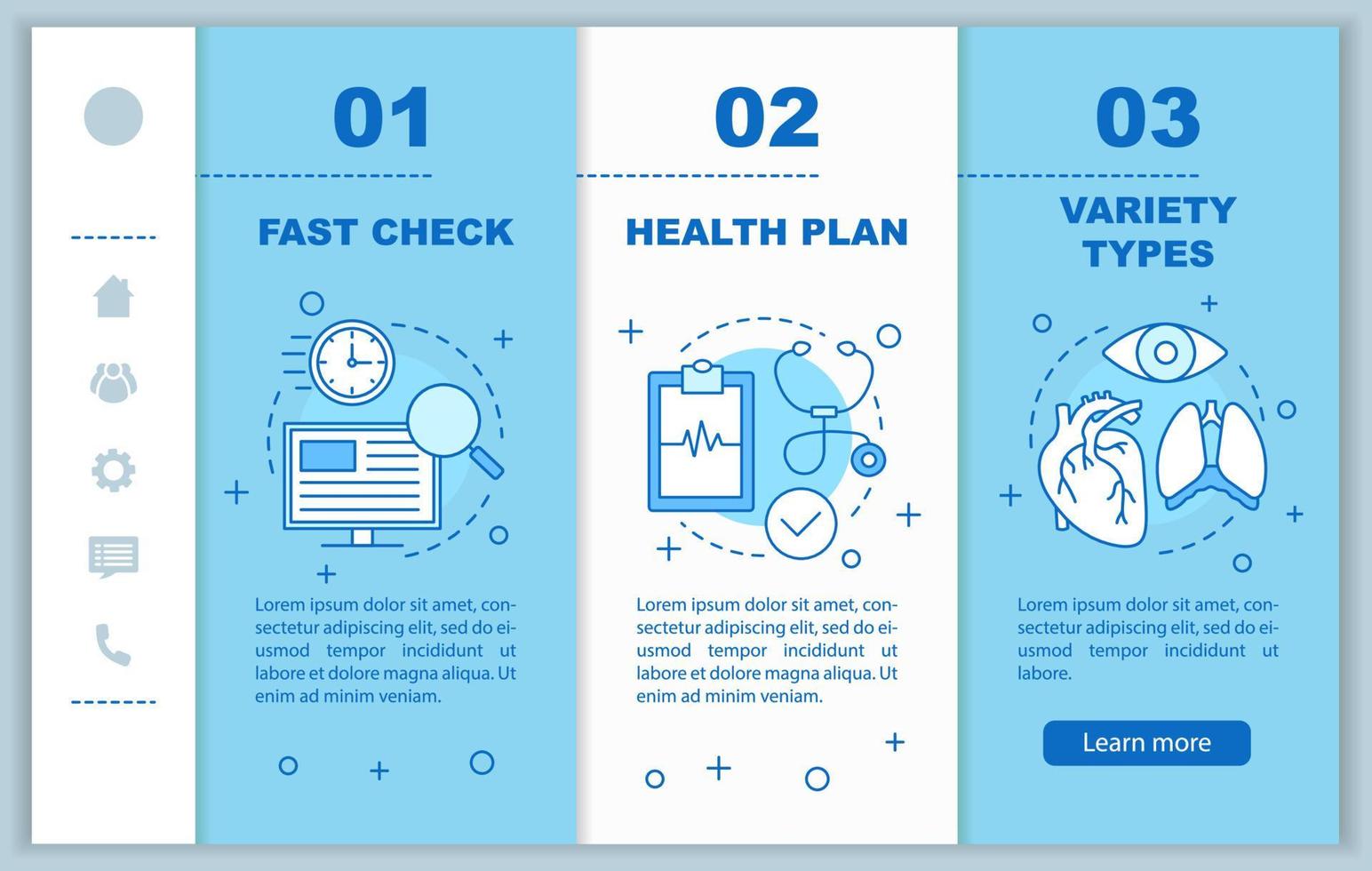 Medical services onboarding mobile web pages vector template. Diagnosis. Medical exam. Healthcare and medicine. Responsive smartphone website interface. Webpage walkthrough step screens. Color concept