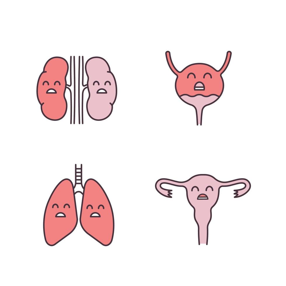 Sad human internal organs color icons set. Unhappy kidneys, urinary bladder, lungs, uterus. Unhealthy pulmonary, urinary, reproductive systems. Isolated vector illustrations