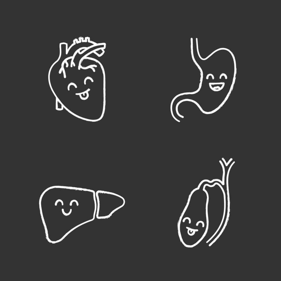 conjunto de iconos de tiza de órganos internos humanos sonrientes. corazón feliz, estómago, hígado, vesícula biliar. sistemas cardiovasculares y digestivos saludables. Ilustraciones de vector pizarra