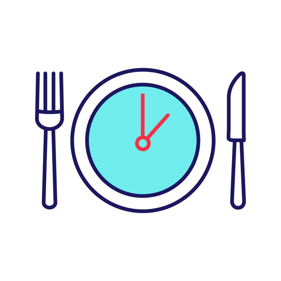 Lunch time color icon. Dinner break. Afternoon business meeting. Business lunch timing and duration. Table knife, fork and plate with clock inside. Isolated vector illustration