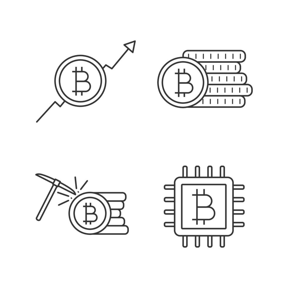 Bitcoin cryptocurrency linear icons set. Market growth chart, bitcoin coins stack, mining, microchip. Thin line contour symbols. Isolated vector outline illustrations. Editable stroke