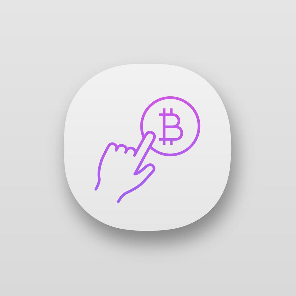 Bitcoin payment button app icon. Pay with bitcoin. Cryptocurrency transaction click. UI UX user interface. Hand pressing button. E payment. Web or mobile application. Vector isolated illustration