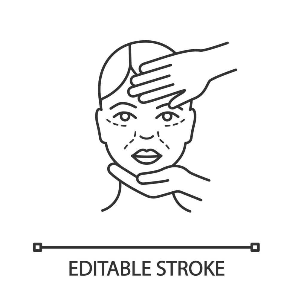 Cosmetologist examination linear icon. Cosmetic procedure. Thin line illustration. Neurotoxin injection preparation. Aesthetic medicine contour symbol. Vector isolated outline drawing. Editable stroke