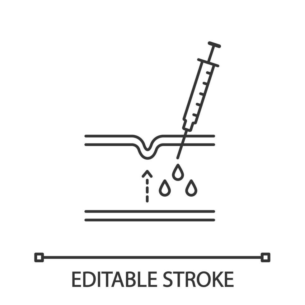 Neurotoxin injection linear icon. Subcutaneous injection with neurotoxin. Facial rejuvenation. Injectable filler. Contour symbol. Vector isolated outline drawing. Editable stroke