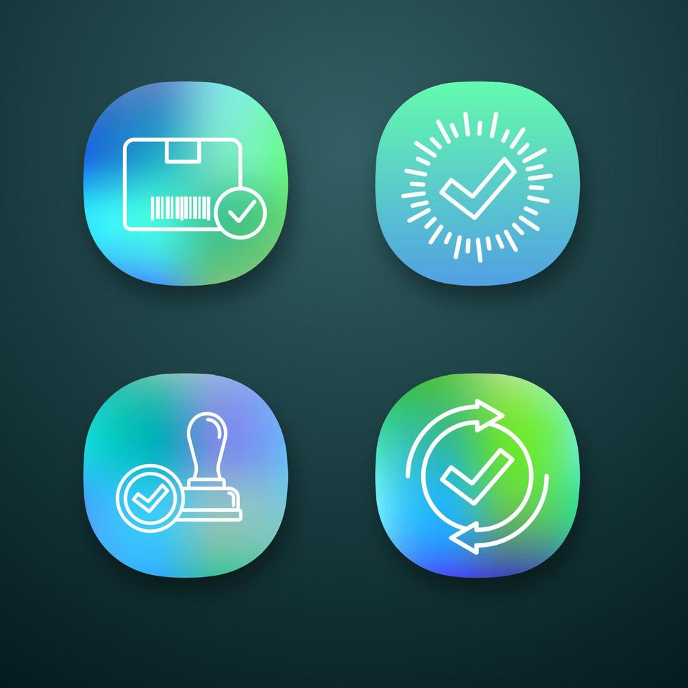 Approve app icons set. Verification and validation. Approved delivery, check mark, stamp of approval, checking process. UI UX user interface. Web or mobile applications. Vector isolated illustrations