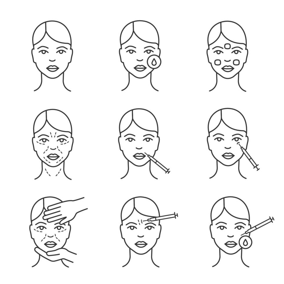 Neurotoxin injection cosmetic procedures linear icons set. Thin line contour symbols. Makeup removal, mimic wrinkles, cosmetologist examination. Isolated vector outline illustrations. Editable stroke