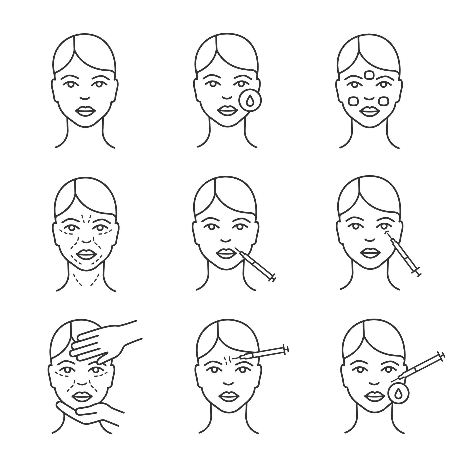 Neurotoxin injection cosmetic procedures linear icons set. Thin line 