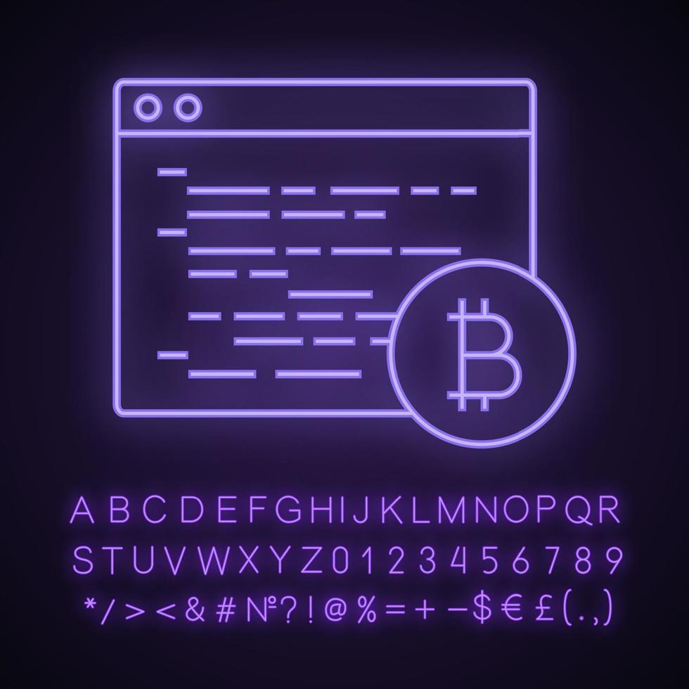 Bitcoin mining software neon light icon. Blockchain coding. Crypto mining programming. Blockchain development. Glowing sign with alphabet, numbers and symbols. Vector isolated illustration